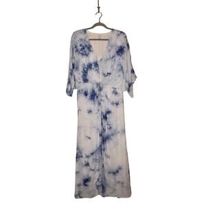 LUCY PARIS $125 Blue White Tie Dye Maxi Dress Boho Kimono Sleeve Large‎